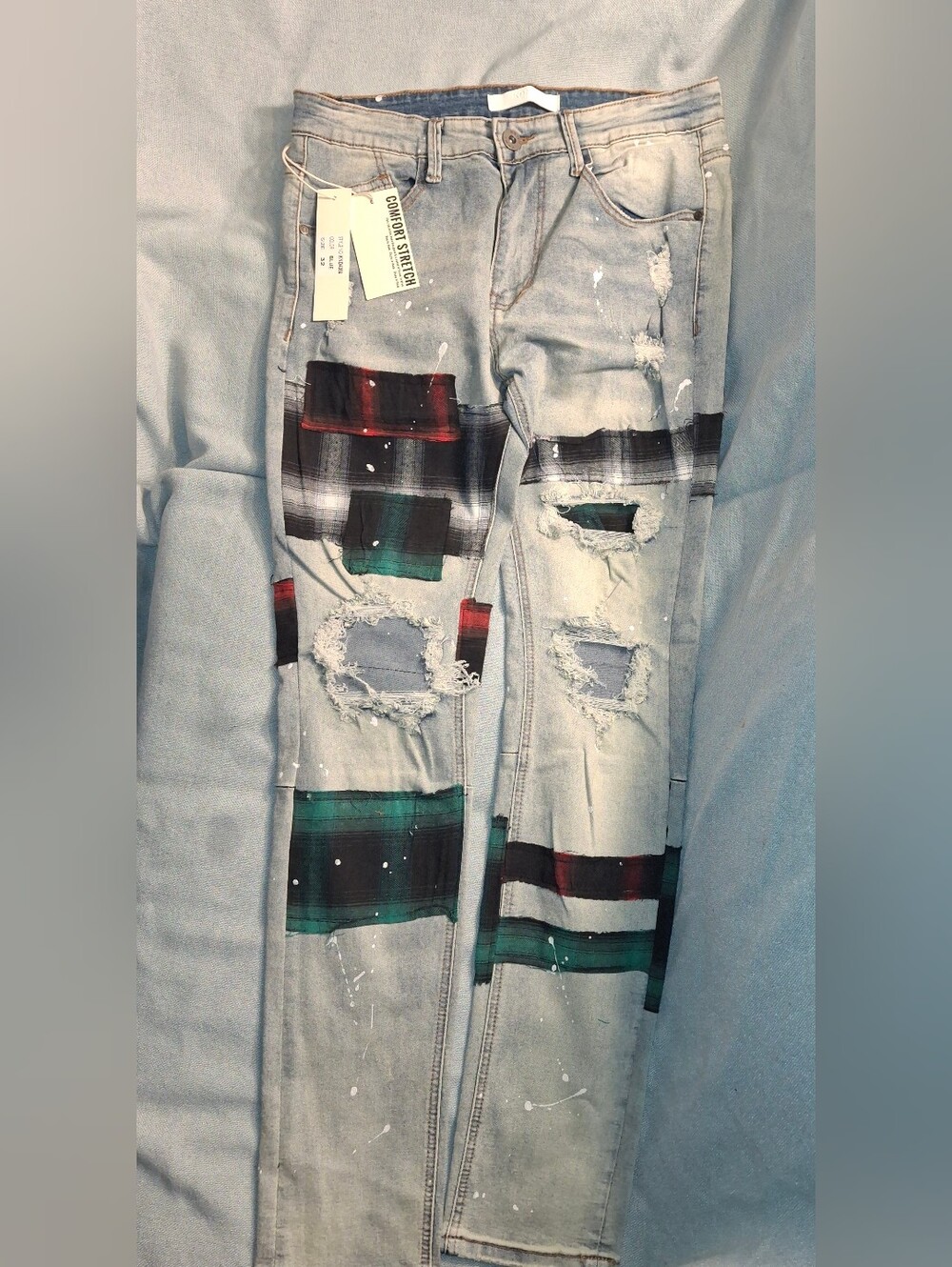 NWT KDNK Distressed Patchwork Skinny Jeans Plaid Paint Splatter Men's 32 Or 38